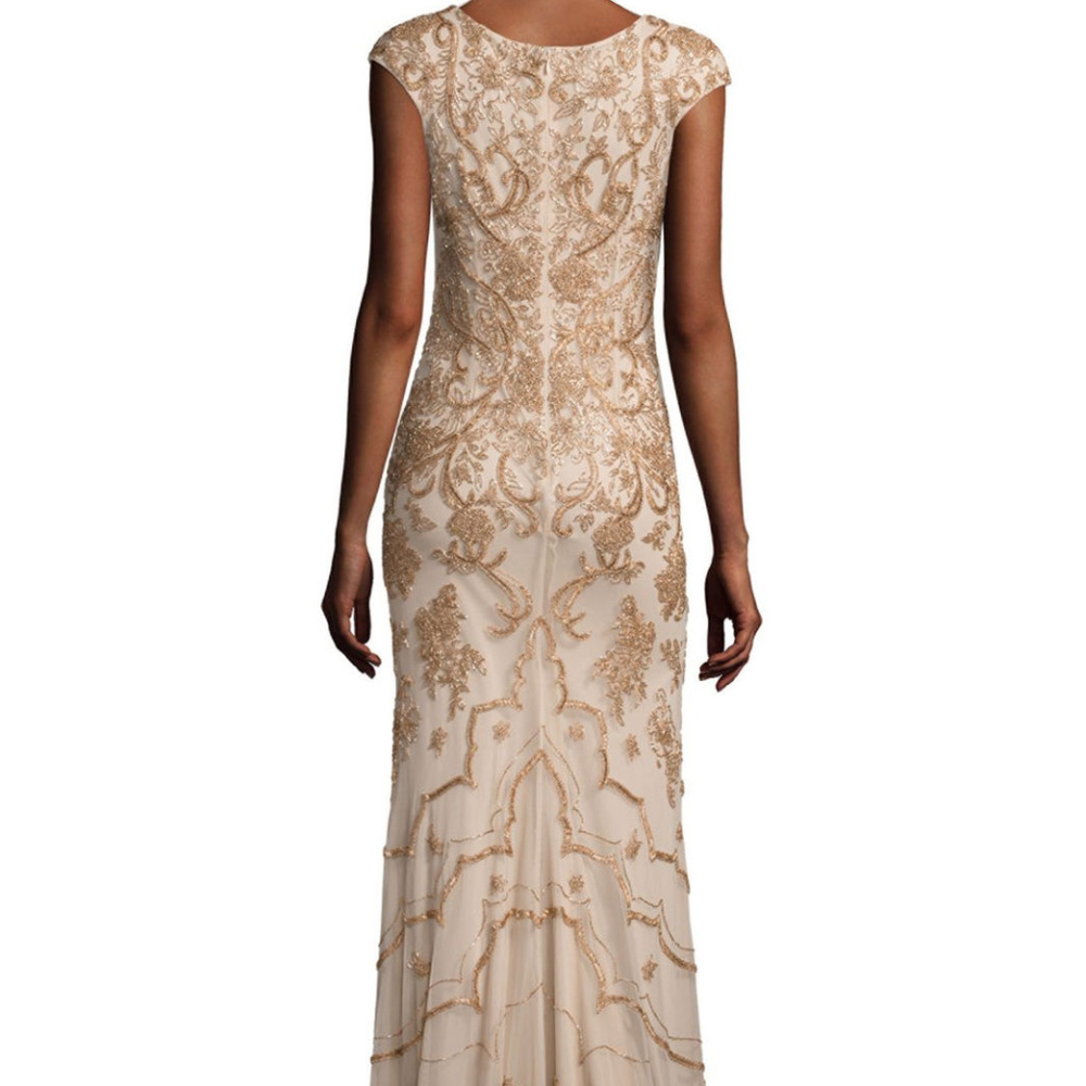 Theia Ochre Gold Beaded Cap Sleeve V-Neck Full Length Gown Evening Dress, Size 8 - Picture 3 of 11